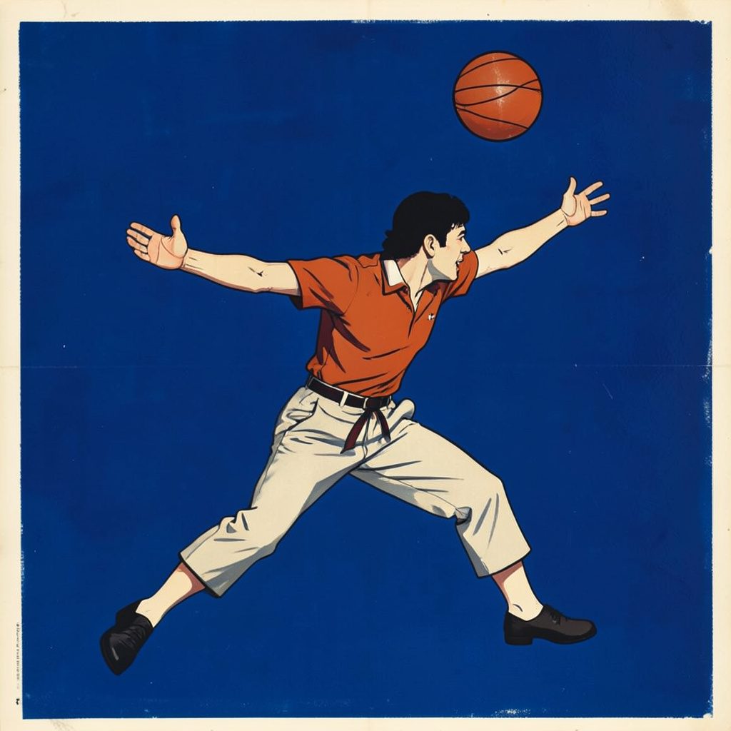 A matte gouache poster painting in dark indigo and warm gold, depicting a single actor on a small spotlighted stage, arms outstretched, with shadowy audience silhouettes in the foreground.